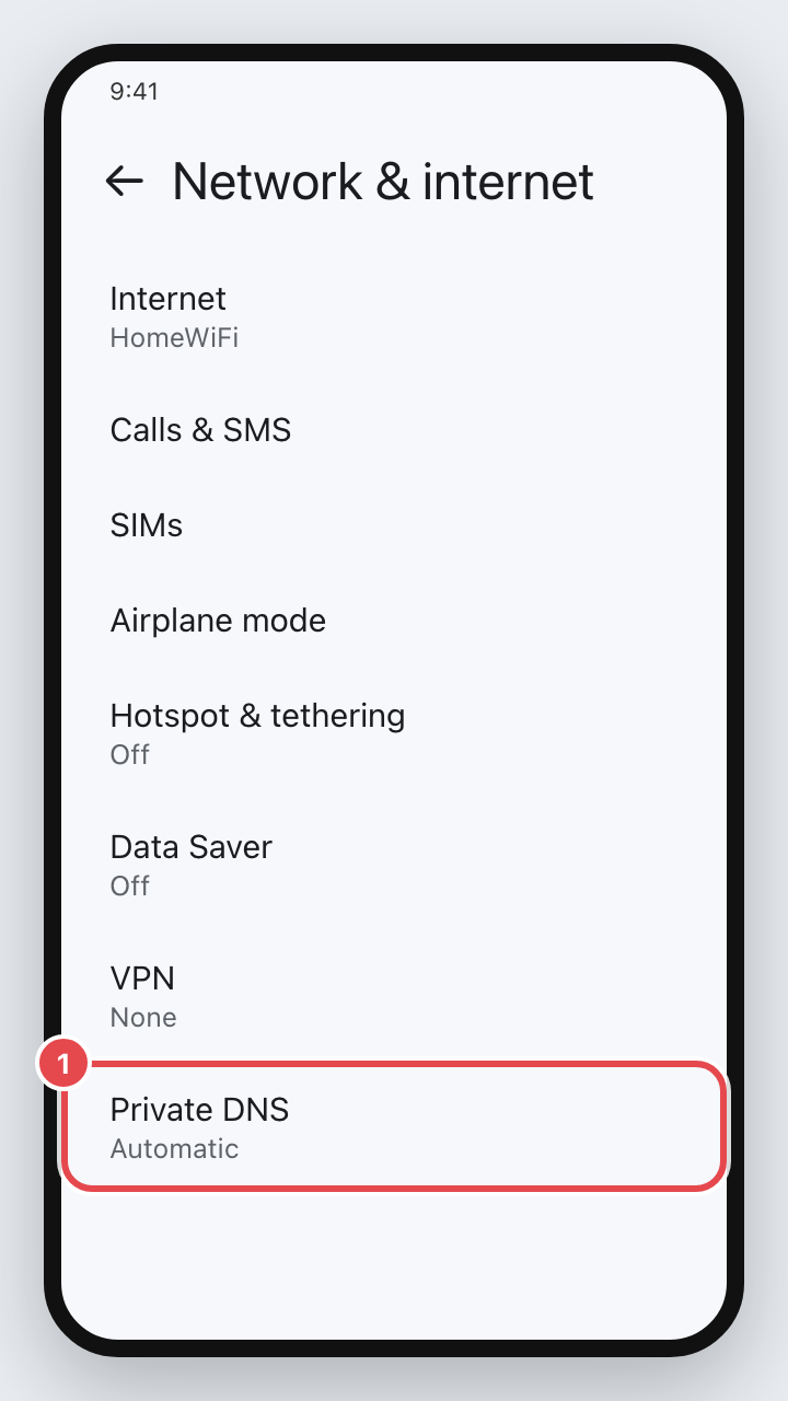 Network and internet settings with Private DNS highlighted