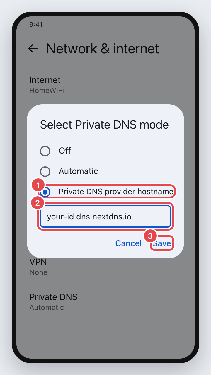 Private DNS dialog with hostname typed in