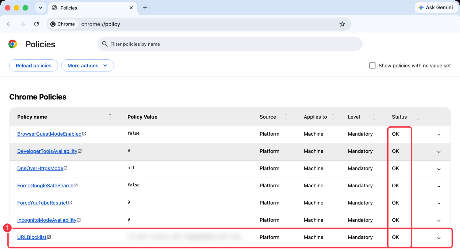 Chrome policy page with all statuses OK