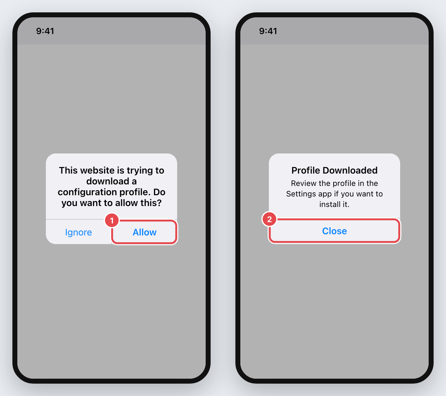 Two iPhone alerts: Allow, then Close