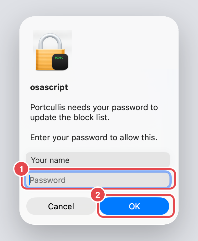Password prompt with password field and OK highlighted