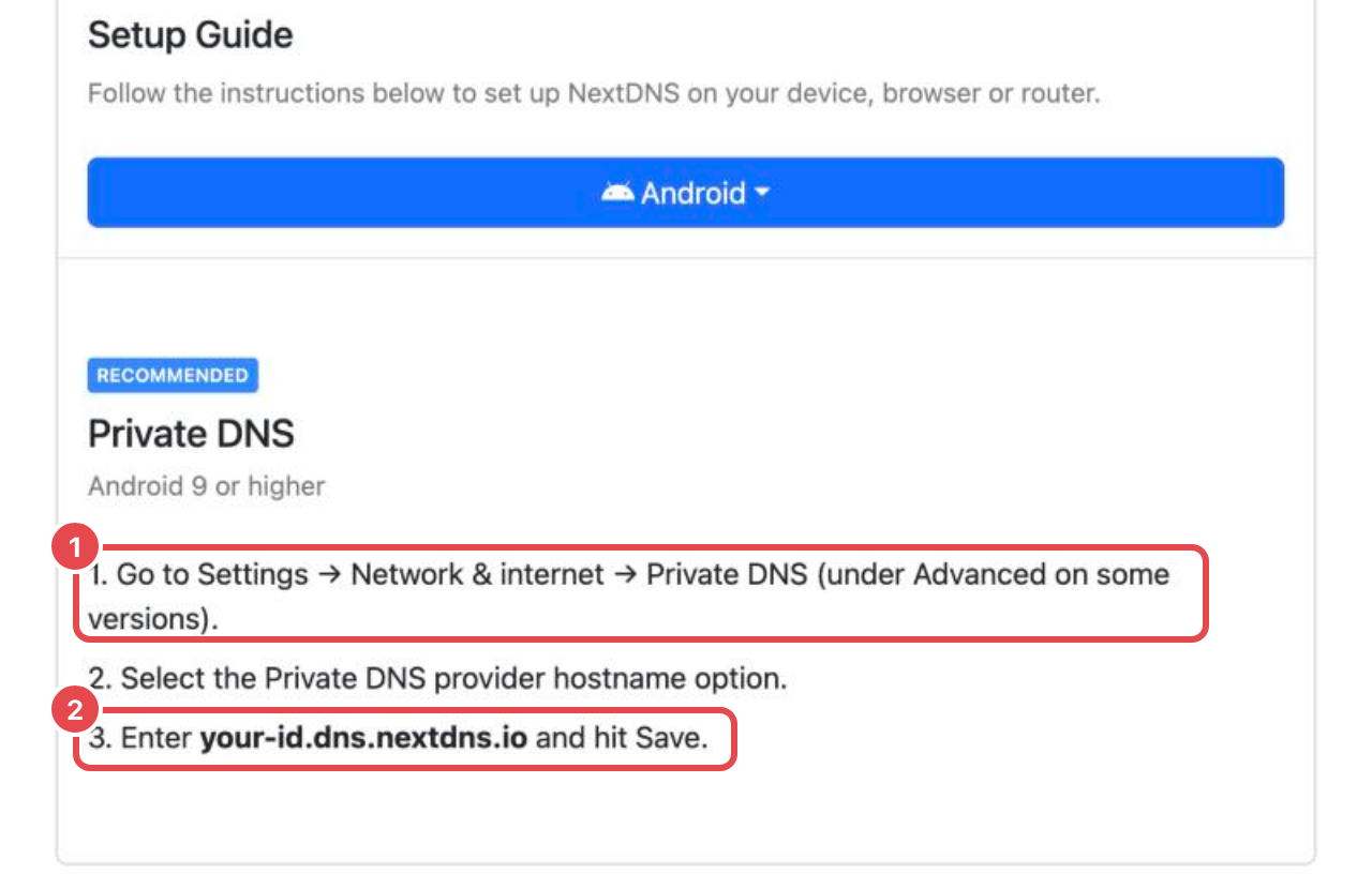 NextDNS Android instructions with the address highlighted