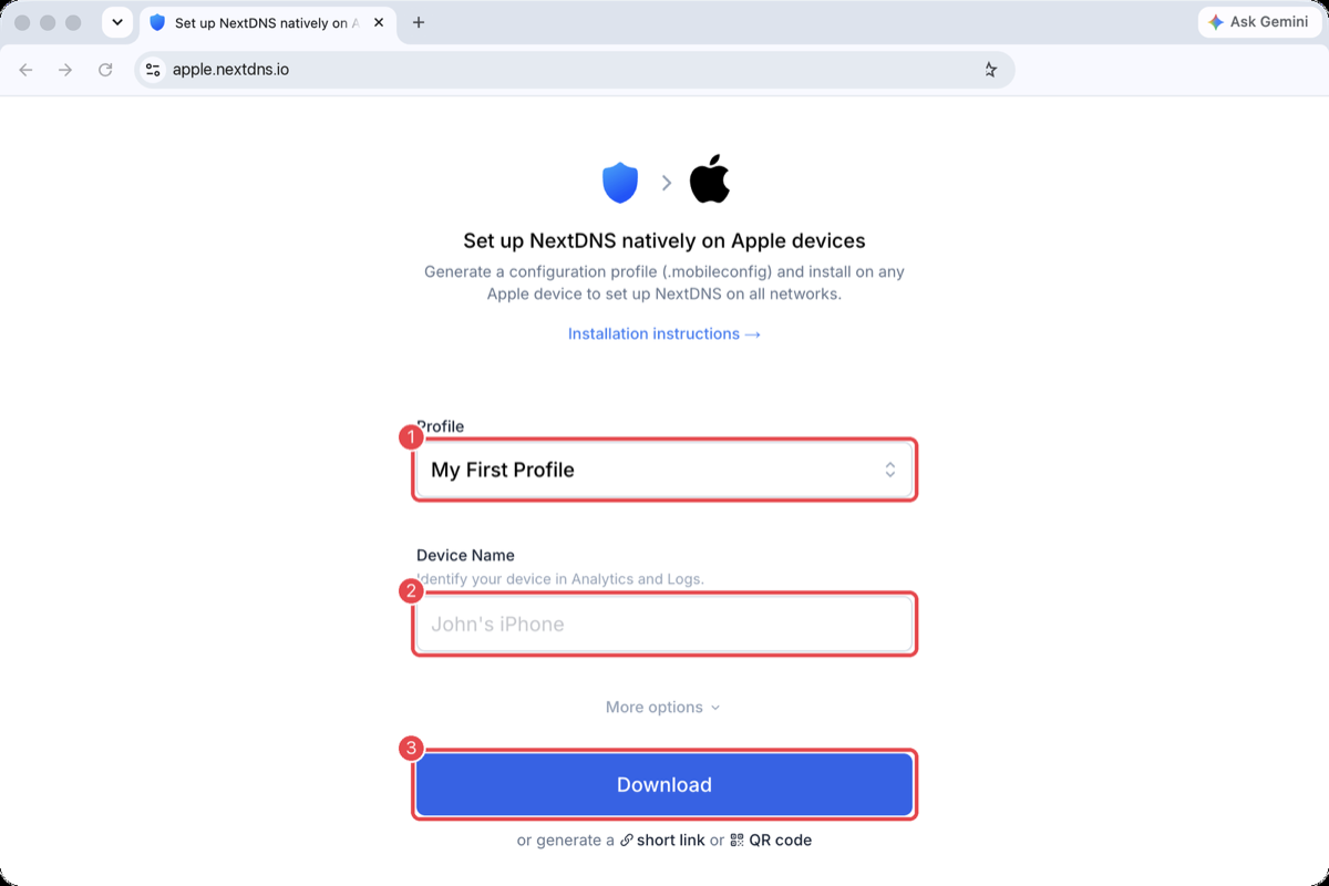 apple.nextdns.io with Profile, Device name and Download highlighted