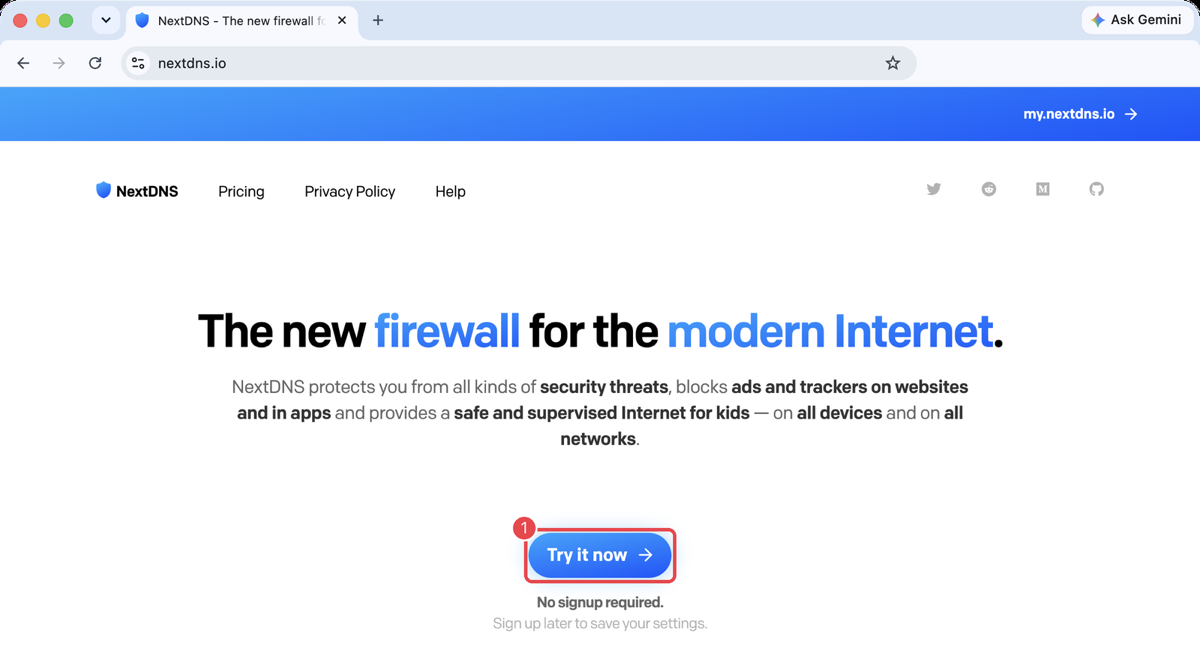 NextDNS homepage with Try it now highlighted