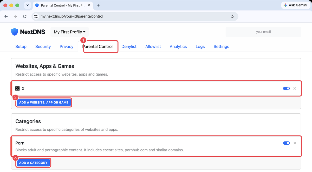 NextDNS Parental Control with Porn category on