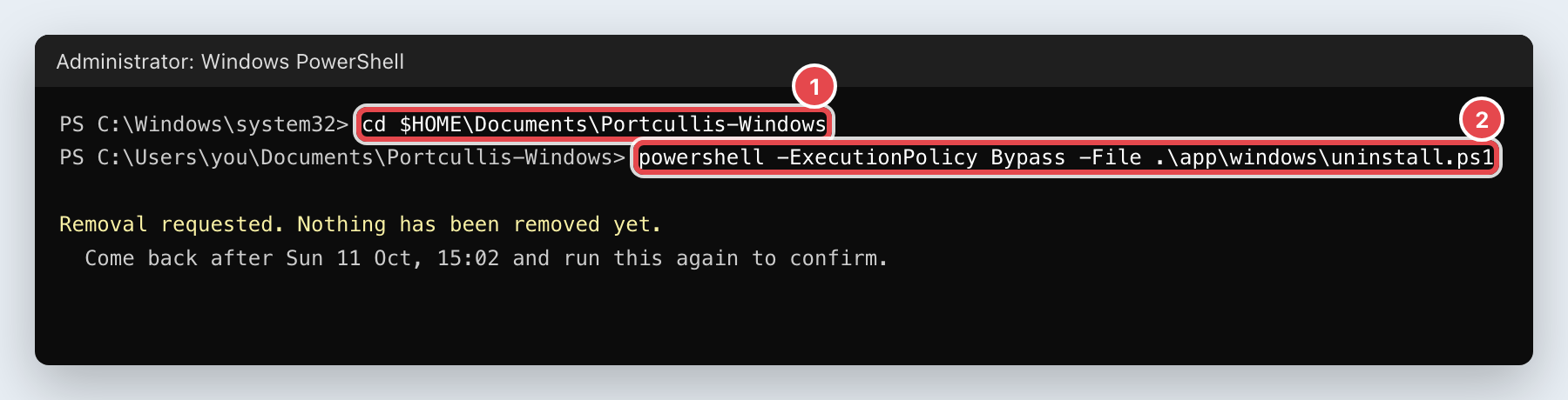 PowerShell showing the removal request