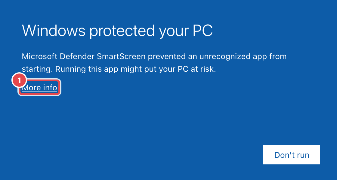 Windows protected your PC, More info highlighted