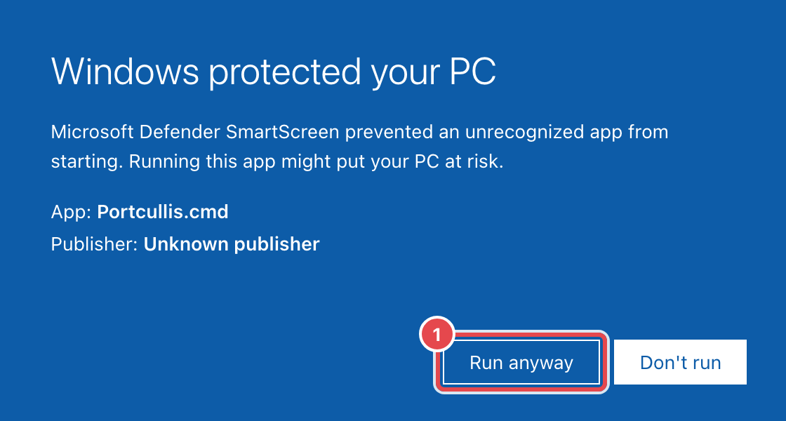 Windows protected your PC, Run anyway highlighted