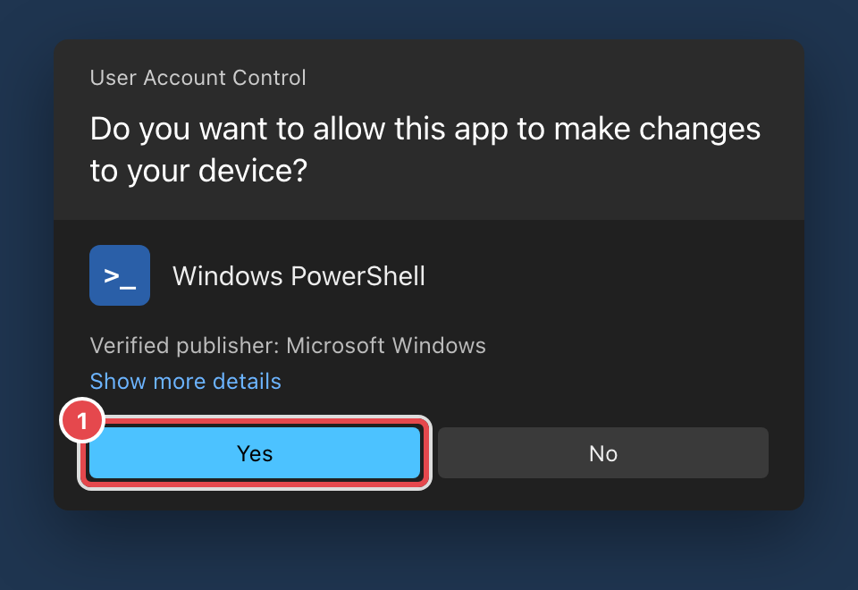 User Account Control prompt with Yes highlighted